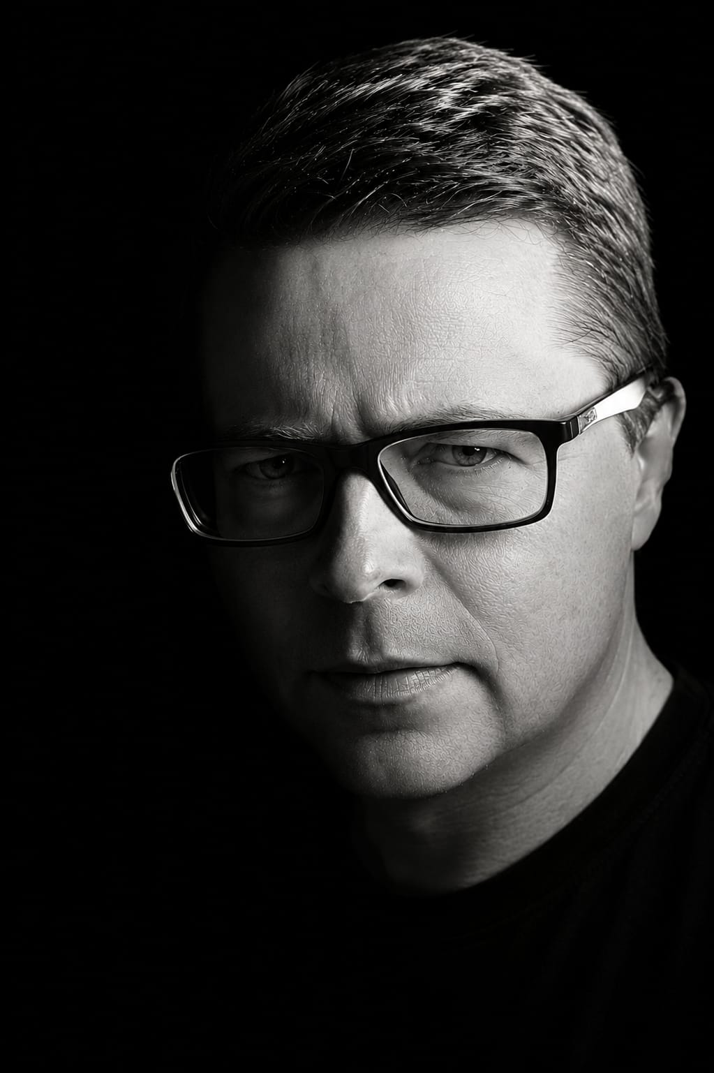 Black-and-white portrait of Marco Zender